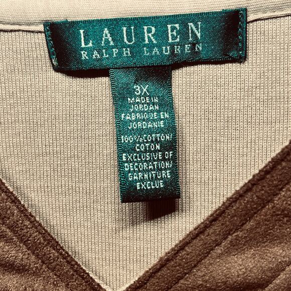 Lauren Ralph Lauren Tunic Sweater Knit Tan Brown V Neck Faux Suede Trim 3X - Picture 5 of 6